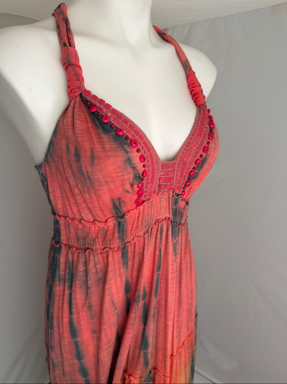 Hale Bob Cabana multicolor pink orange purple tie-dye beaded halter maxi dress M - Picture 5 of 10